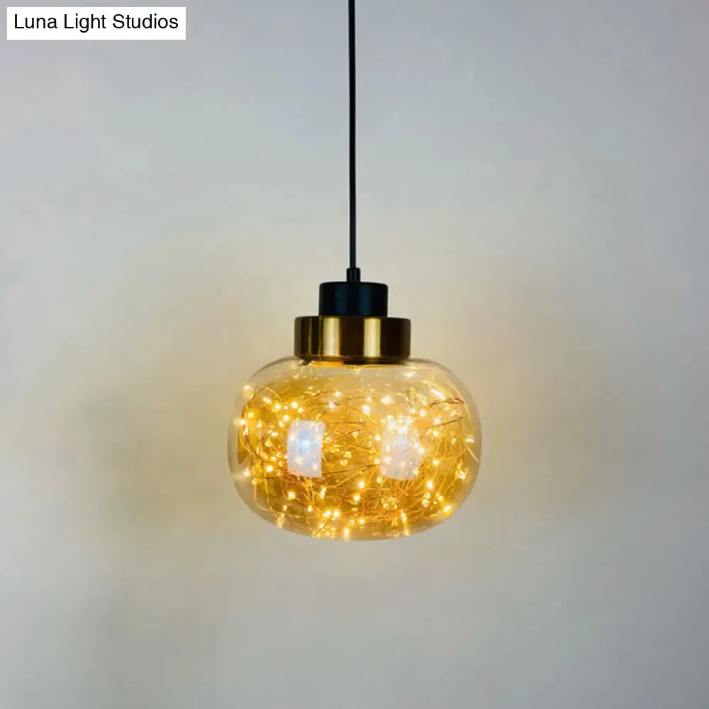 Modern Brass Finish Glass Jar Pendant Light with LED String for Ceiling Hanging