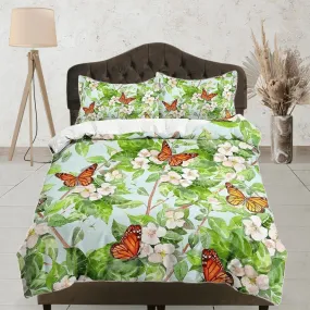 Monarch butterfly botanical bedding duvet cover colorful dorm bedding, full size adult duvet king queen twin, nursery toddler bedding