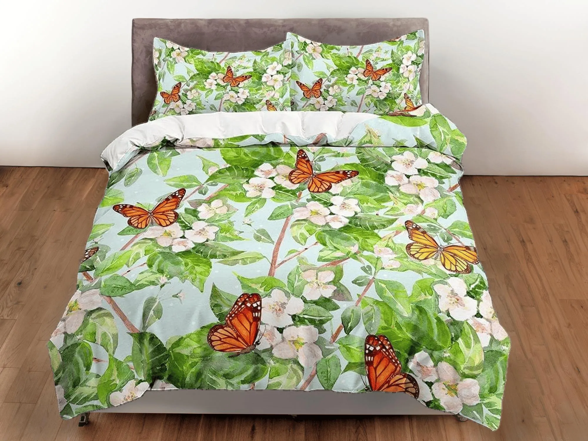 Monarch butterfly botanical bedding duvet cover colorful dorm bedding, full size adult duvet king queen twin, nursery toddler bedding