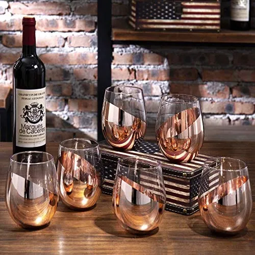 MyGift Modern Stemless Wine Glass Set of 6, White or Red Wine Glasses with Copper Metallic Bottom Angled Design