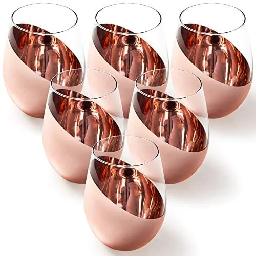 MyGift Modern Stemless Wine Glass Set of 6, White or Red Wine Glasses with Copper Metallic Bottom Angled Design