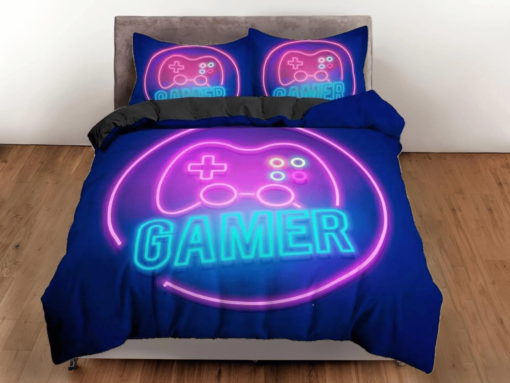 Neon lights gamer bedding duvet cover, video gamer boyfriend gift bedding set full king queen twin, boys bedroom, college dorm bedding