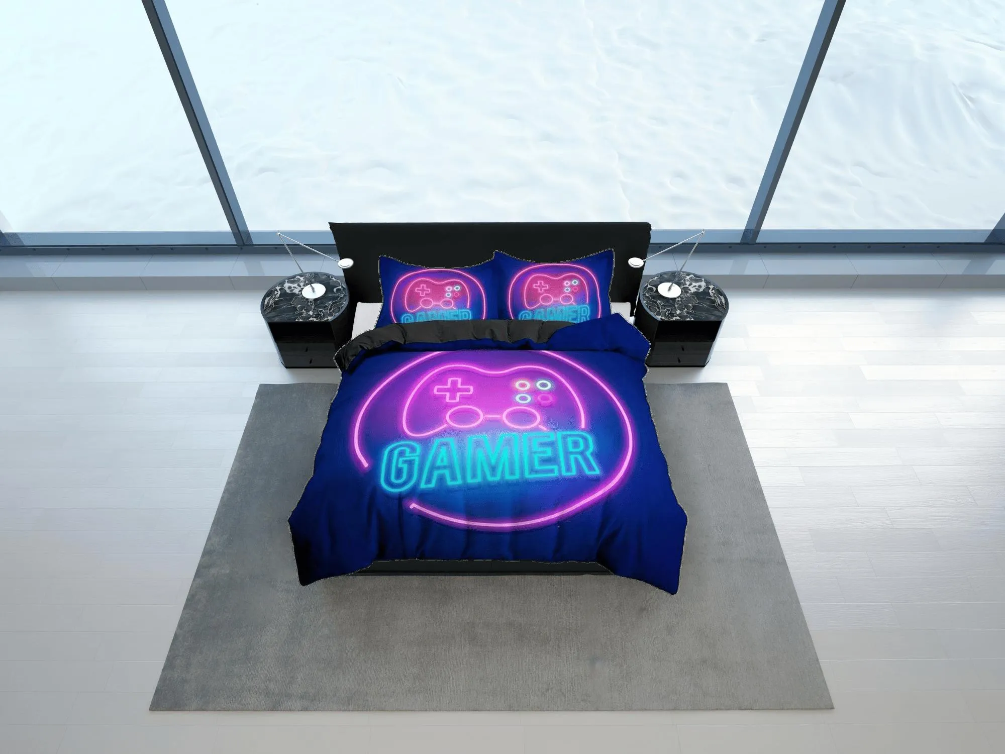 Neon lights gamer bedding duvet cover, video gamer boyfriend gift bedding set full king queen twin, boys bedroom, college dorm bedding