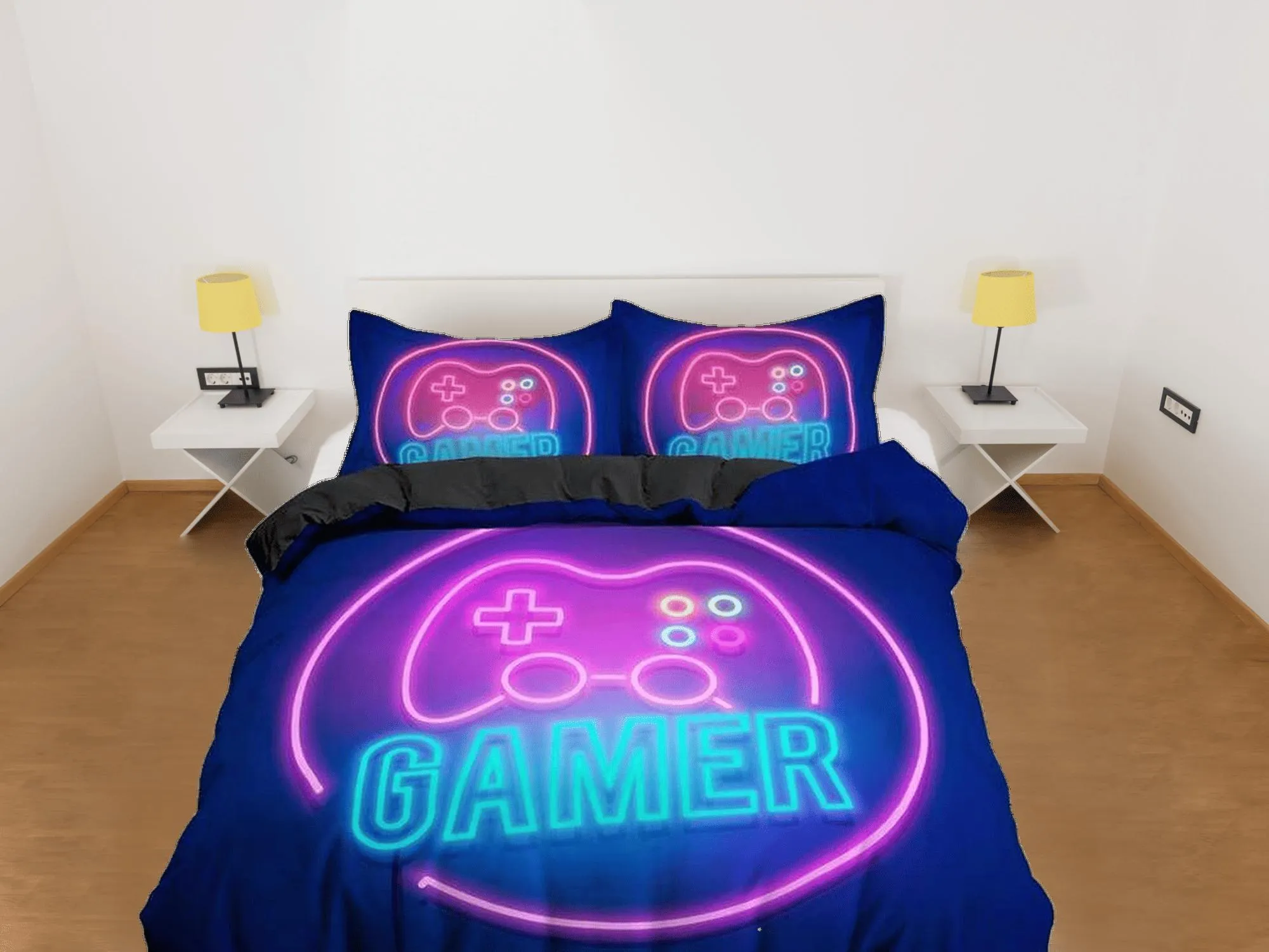 Neon lights gamer bedding duvet cover, video gamer boyfriend gift bedding set full king queen twin, boys bedroom, college dorm bedding