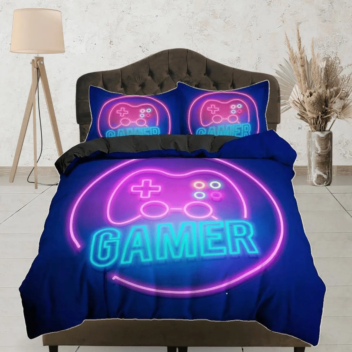 Neon lights gamer bedding duvet cover, video gamer boyfriend gift bedding set full king queen twin, boys bedroom, college dorm bedding