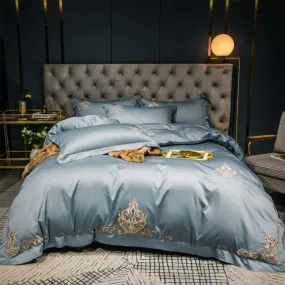 New Luxury Embroidered Ocean Blue Duvet Set