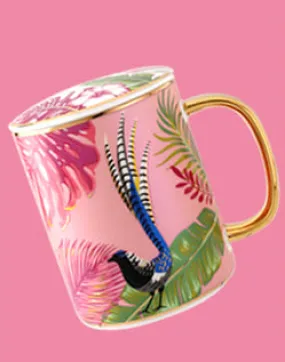 Pink Pheasant Peacock Mug w/ Teaspoon Set (Jungle Series)