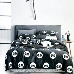 Prime Gallery Pure Cotton 210TC Designer Cotton Cartoon Printed Double Bed Bedsheet with 2 Pillow Covers for Kids Room (Black Panda)