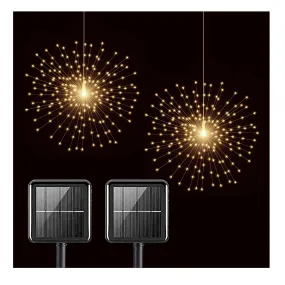 PXBNIUYA 2 Pack Starburst Sphere Lights,200 LED Firework Lights 8 Modes Dimmable Waterproof Hanging Fairy Light, Copper Wire Lights for Tents Patio Parties Christmas (2 Pack Solar Powered)