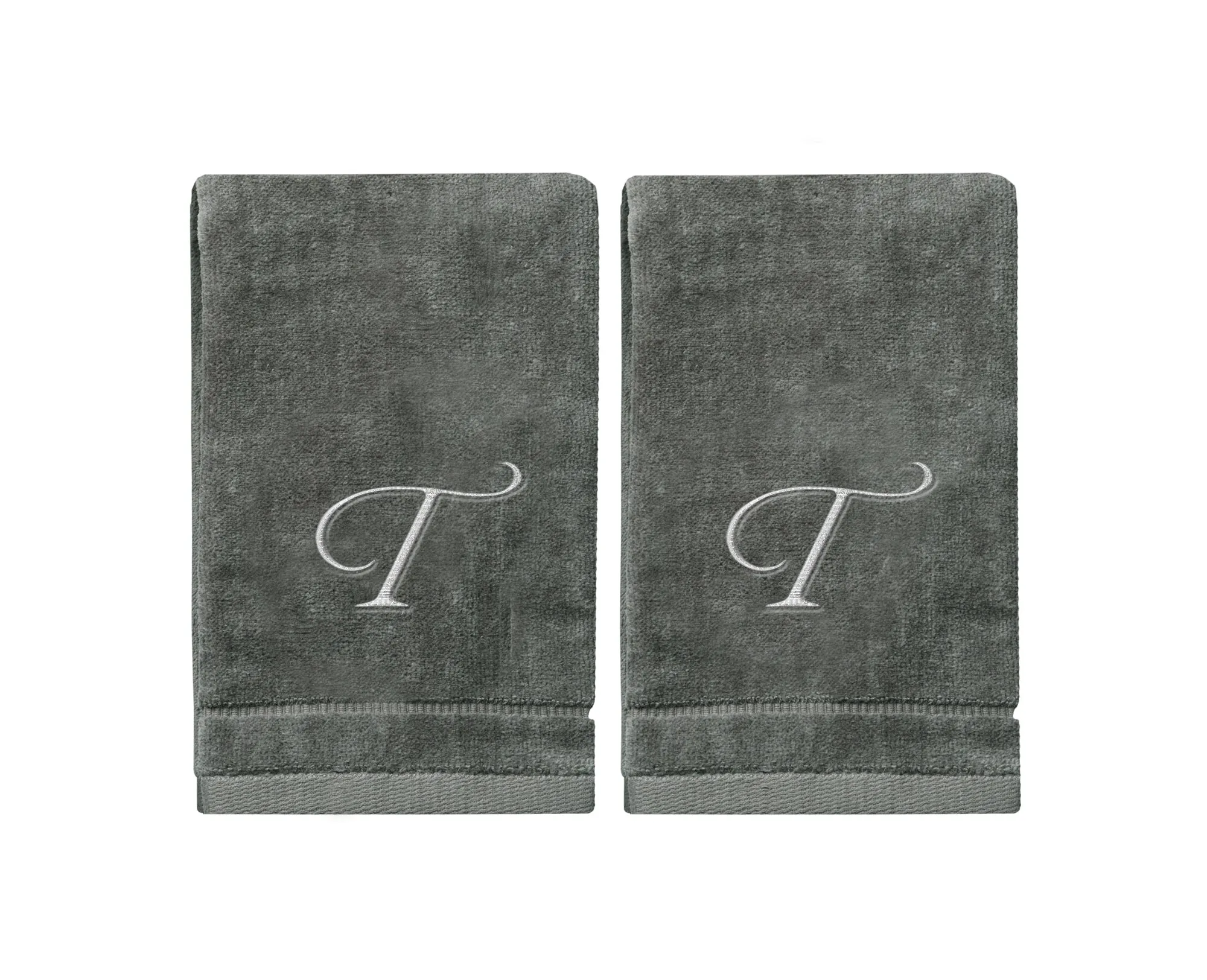 Set of 2 Silver Embroidered Monogrammed Towels - Initial T