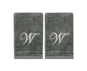 Set of 2 Silver Embroidered Monogrammed Towels - Initial W