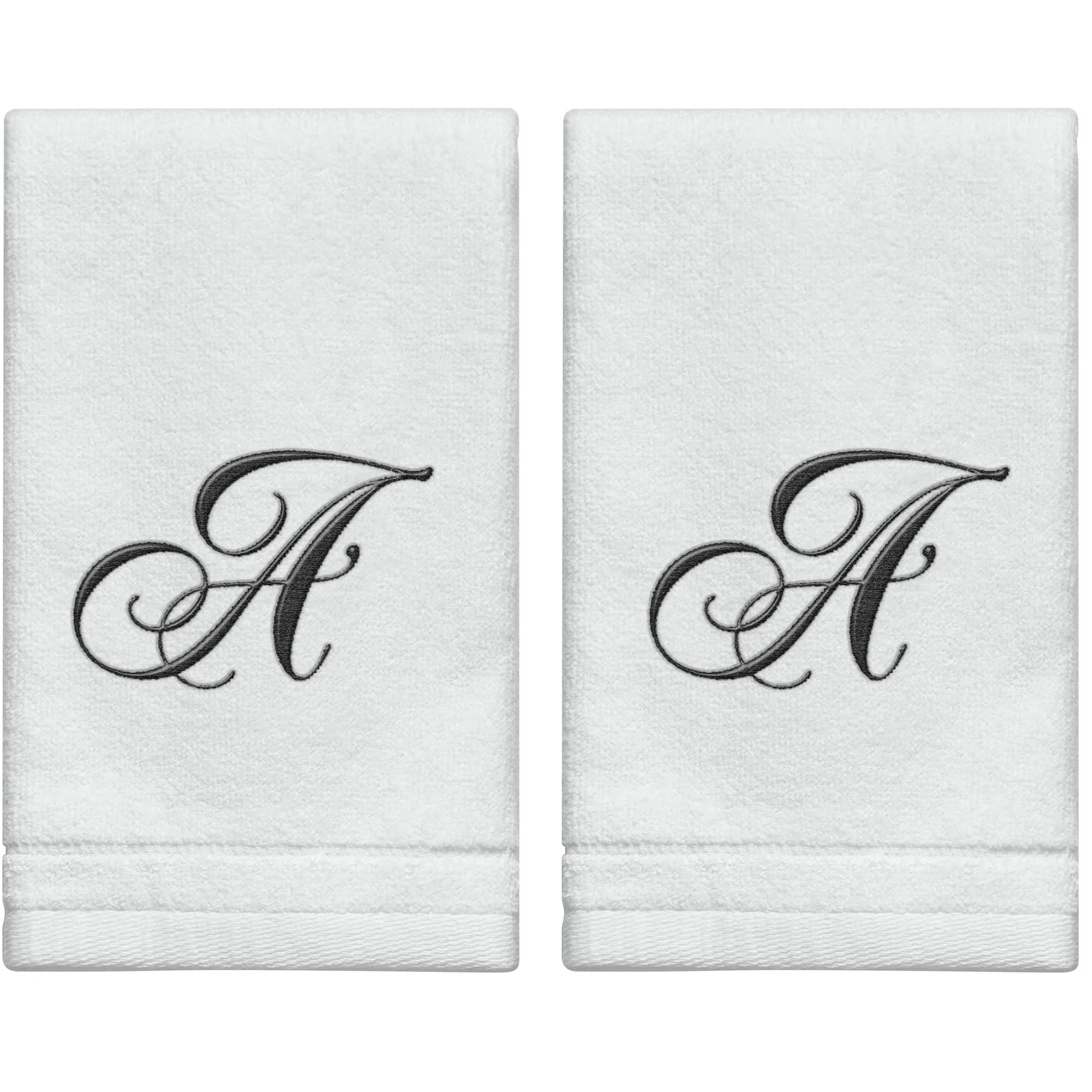 Set of 2 White Monogrammed Towel - Black Embroidered - Initial  A (Wholesale)