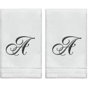 Set of 2 White Monogrammed Towel - Black Embroidered - Initial  A (Wholesale)