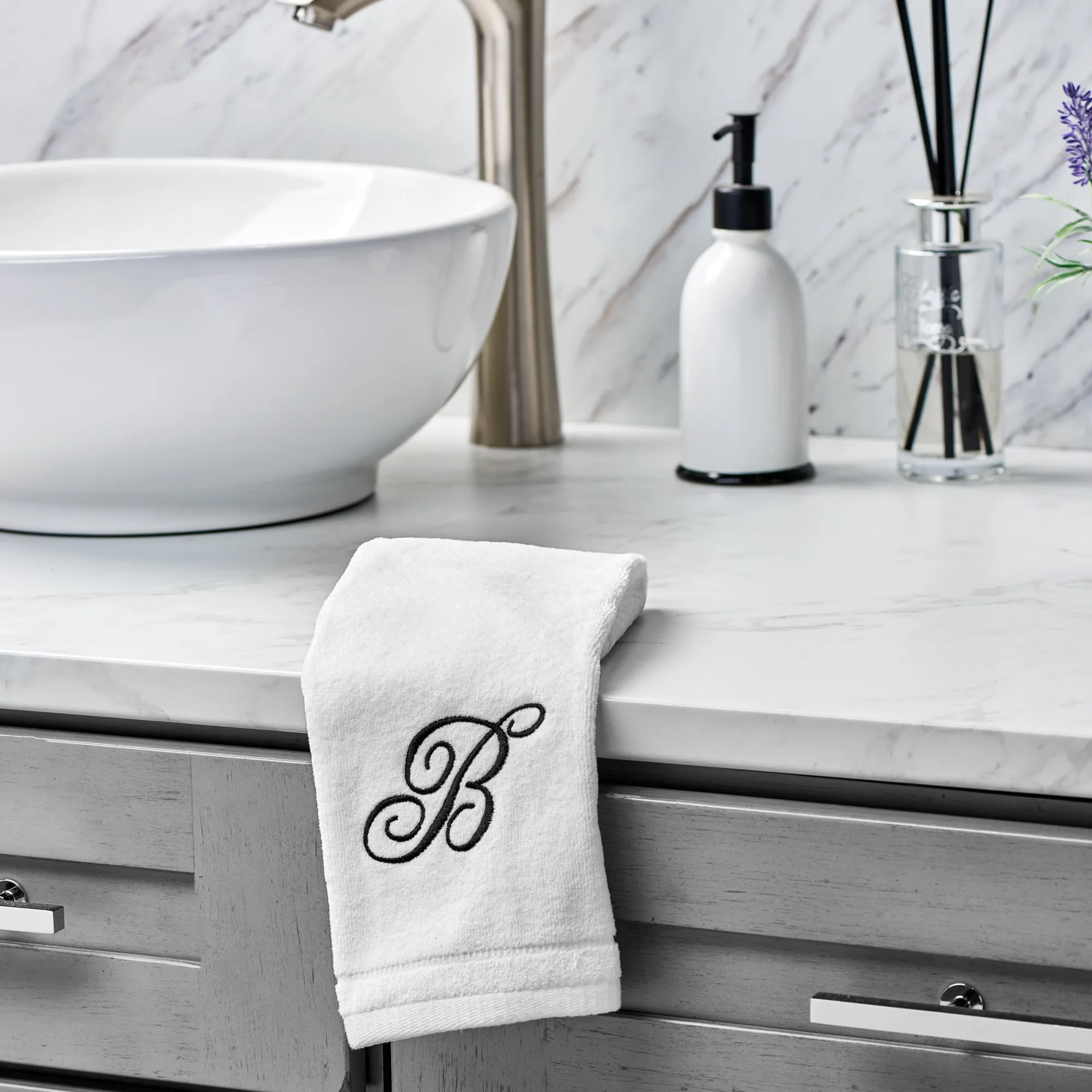 Set of 2 White Monogrammed Towel - Black Embroidered - Initial  A (Wholesale)