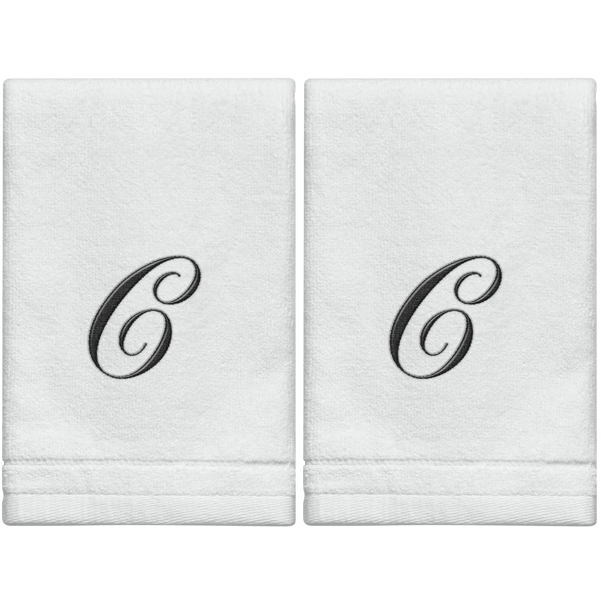 Set of 2 White Monogrammed Towel - Black Embroidered - Initial  C (Wholesale)