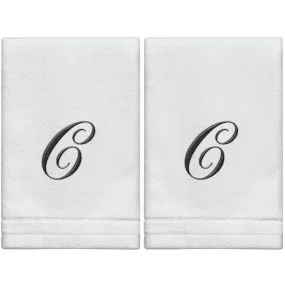 Set of 2 White Monogrammed Towel - Black Embroidered - Initial  C (Wholesale)