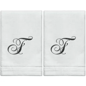 Set of 2 White Monogrammed Towel - Black Embroidered - Initial  F