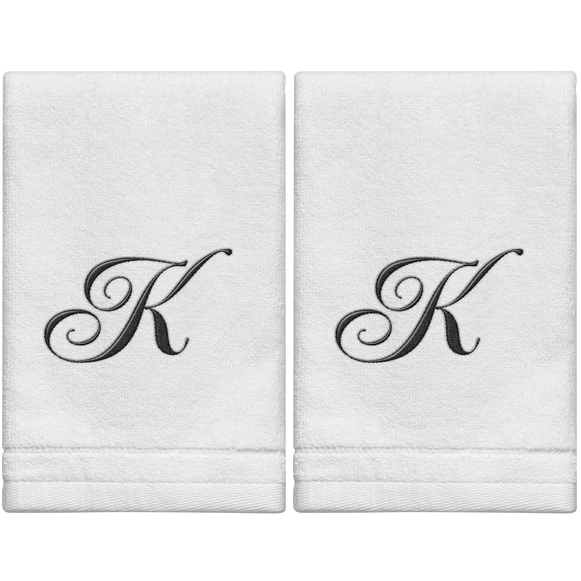 Set of 2 White Monogrammed Towel - Black Embroidered - Initial  K (Wholesale)