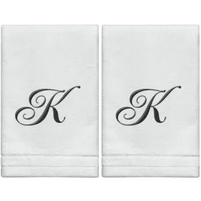 Set of 2 White Monogrammed Towel - Black Embroidered - Initial  K (Wholesale)