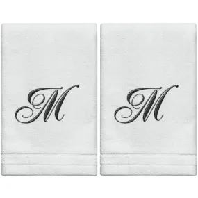 Set of 2 White Monogrammed Towel - Black Embroidered - Initial M