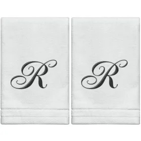 Set of 2 White Monogrammed Towel - Black Embroidered - Initial  R (Wholesale)