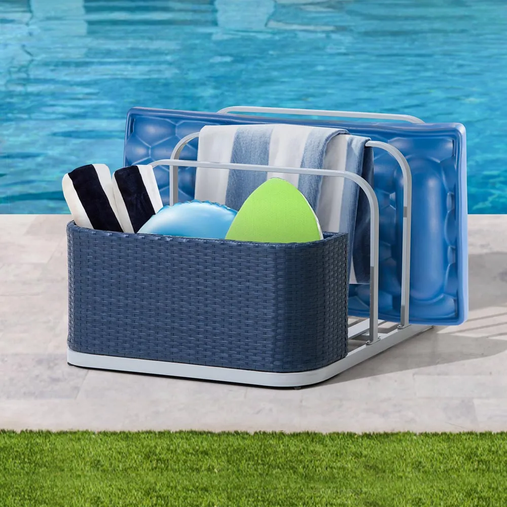 SUNJOY 35” Rust-proof Aluminum Pool Float Storage Rack,  Outdoor Wicker Poolside Float Organizer, Pool Float Caddy for Floaties, Noodles, Pool Toys