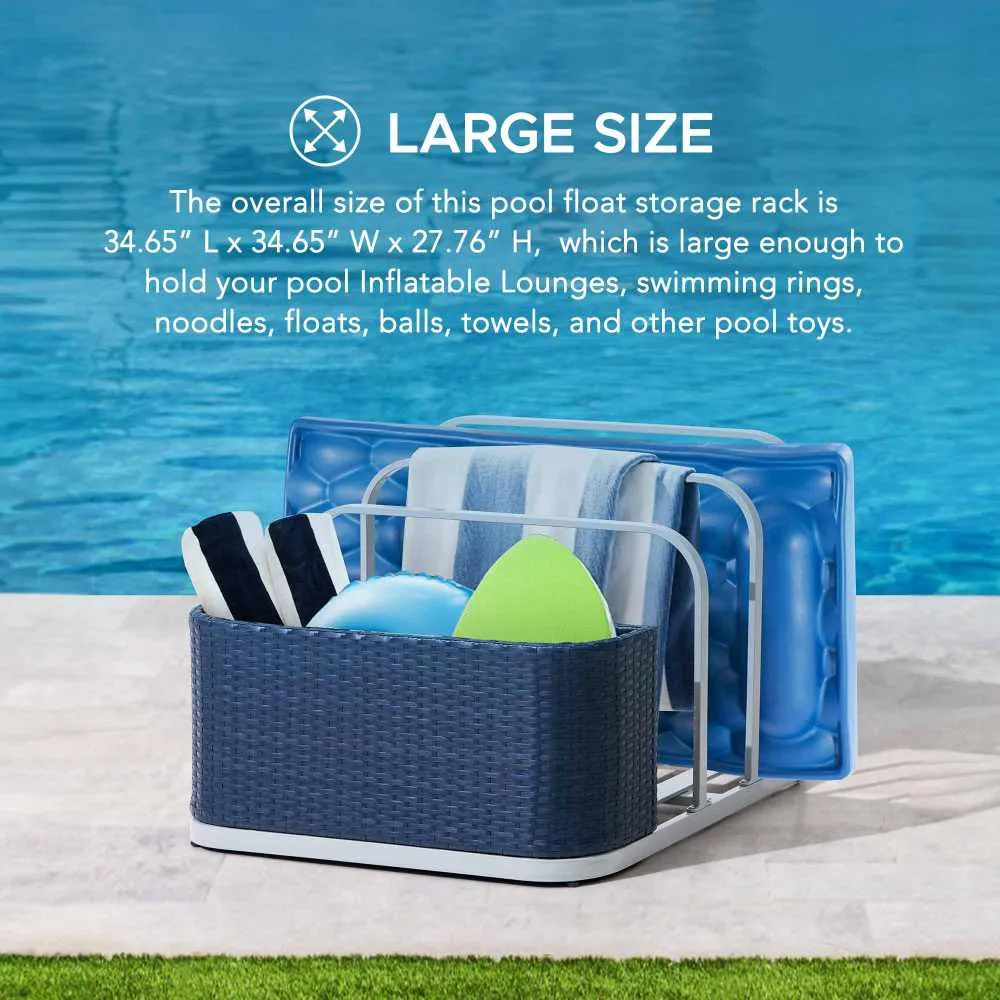 SUNJOY 35” Rust-proof Aluminum Pool Float Storage Rack,  Outdoor Wicker Poolside Float Organizer, Pool Float Caddy for Floaties, Noodles, Pool Toys