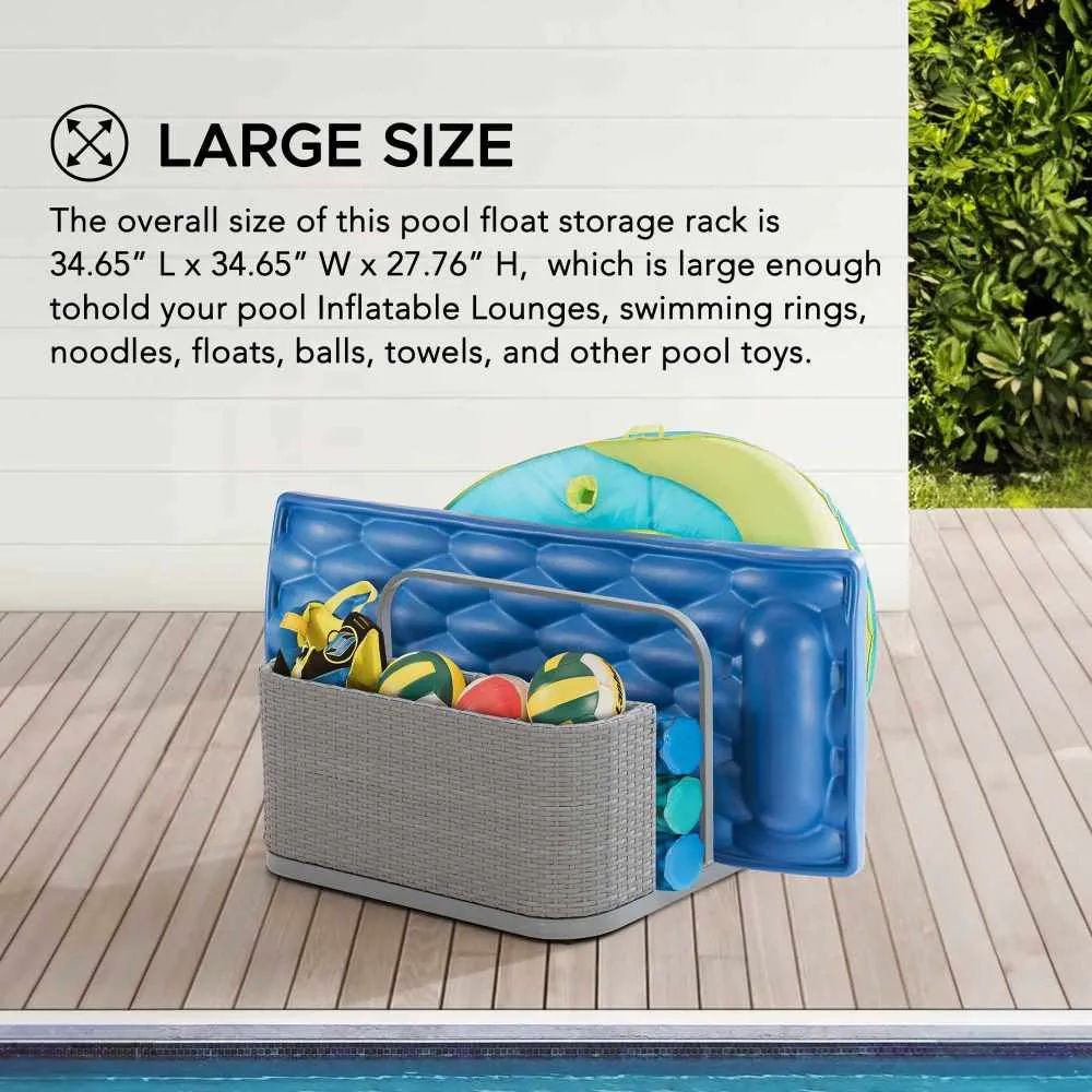 SUNJOY 35” Rust-proof Aluminum Pool Float Storage Rack,  Outdoor Wicker Poolside Float Organizer, Pool Float Caddy for Floaties, Noodles, Pool Toys