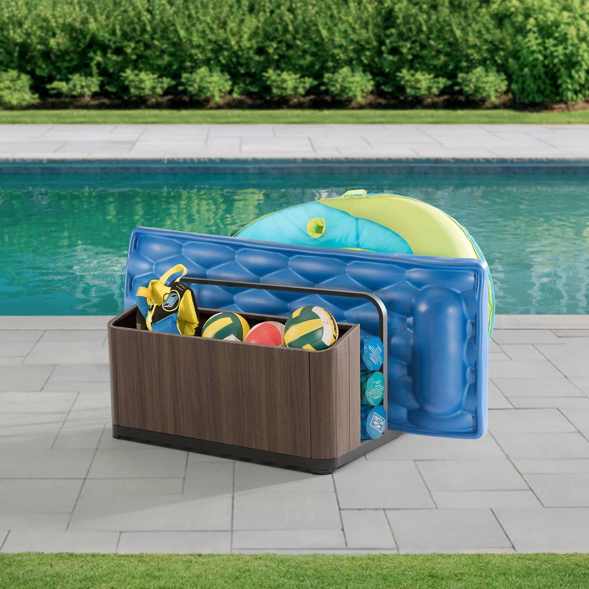 SUNJOY Outdoor Black Aluminum Pool Float Storage Rack, Multi-Use Storage Organizer Bin