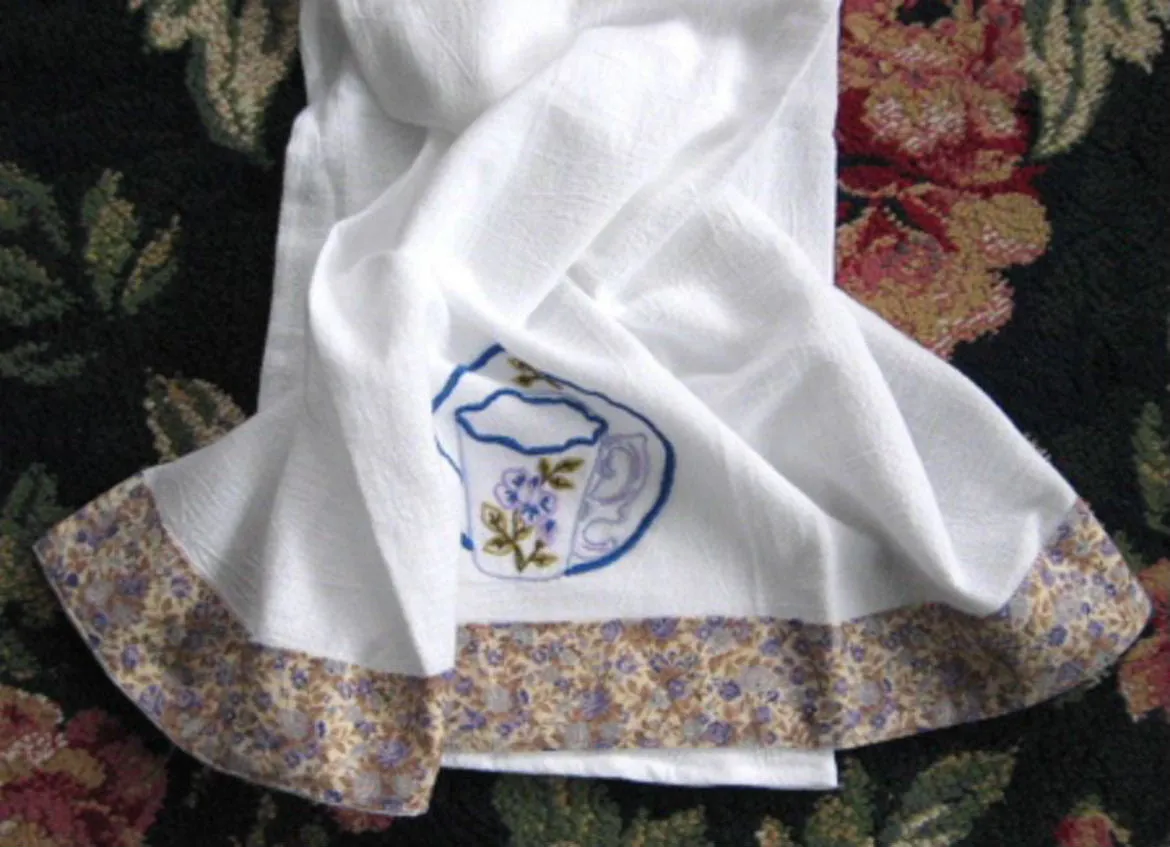 Tea Towel Hand Made Embroidered Teacup Silver Cloth Dish Towel USA  Artisan