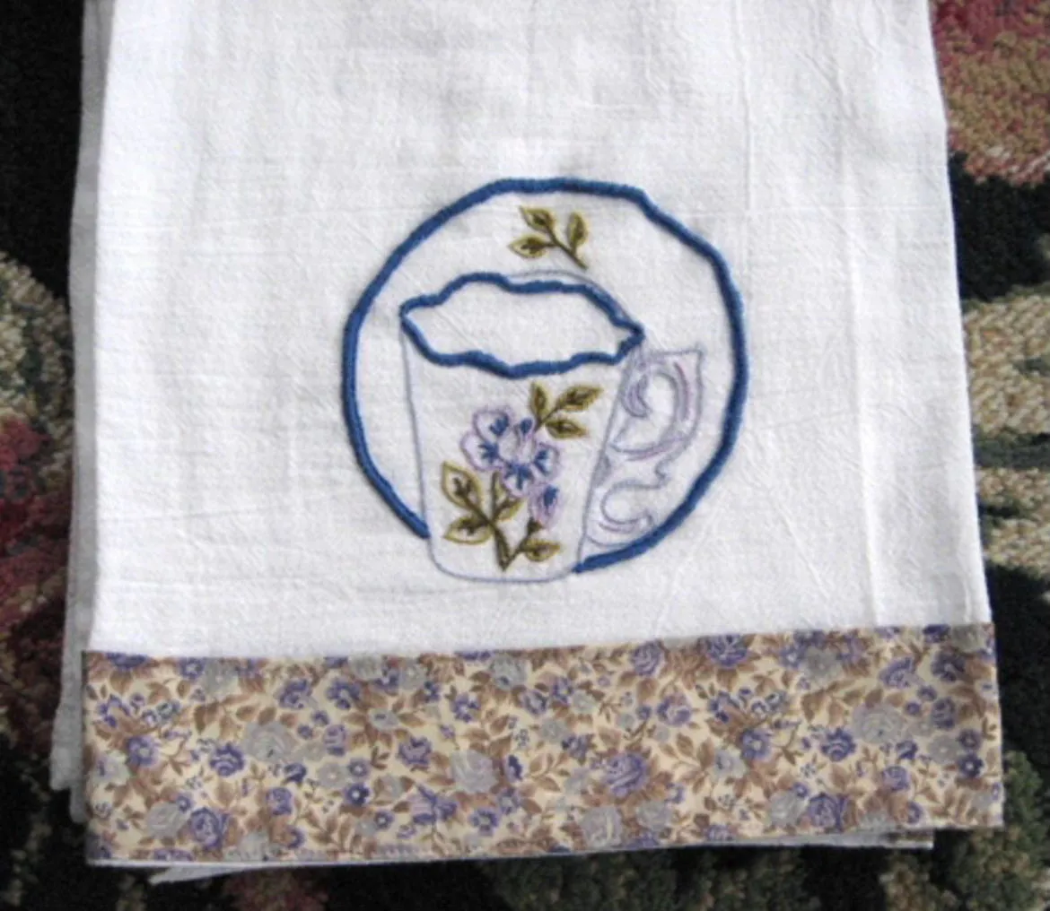 Tea Towel Hand Made Embroidered Teacup Silver Cloth Dish Towel USA  Artisan