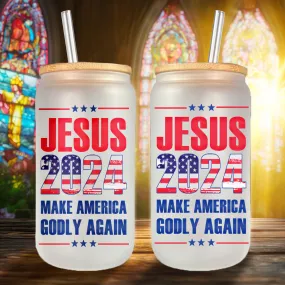 Teesdily | Jesus American Flag Glass Can, Jesus 2024 Make America Godly Again Coffee Cup, God Lovers Gifts, Frosted / Clear Glass Can With Straw