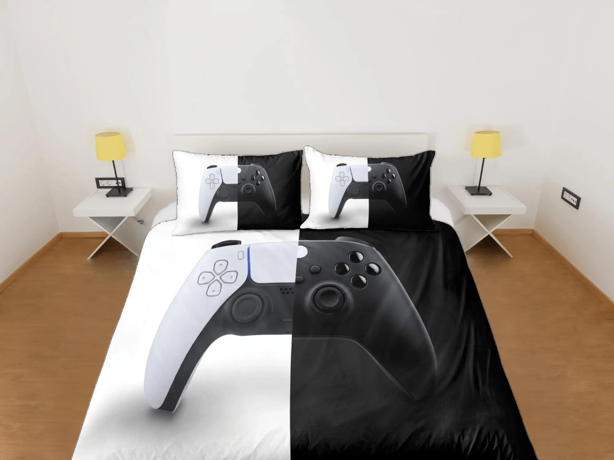 Yin yang gamer bedding black and white duvet cover, video gamer boyfriend gift bedding set full king queen twin, boys bedroom, dorm bedding