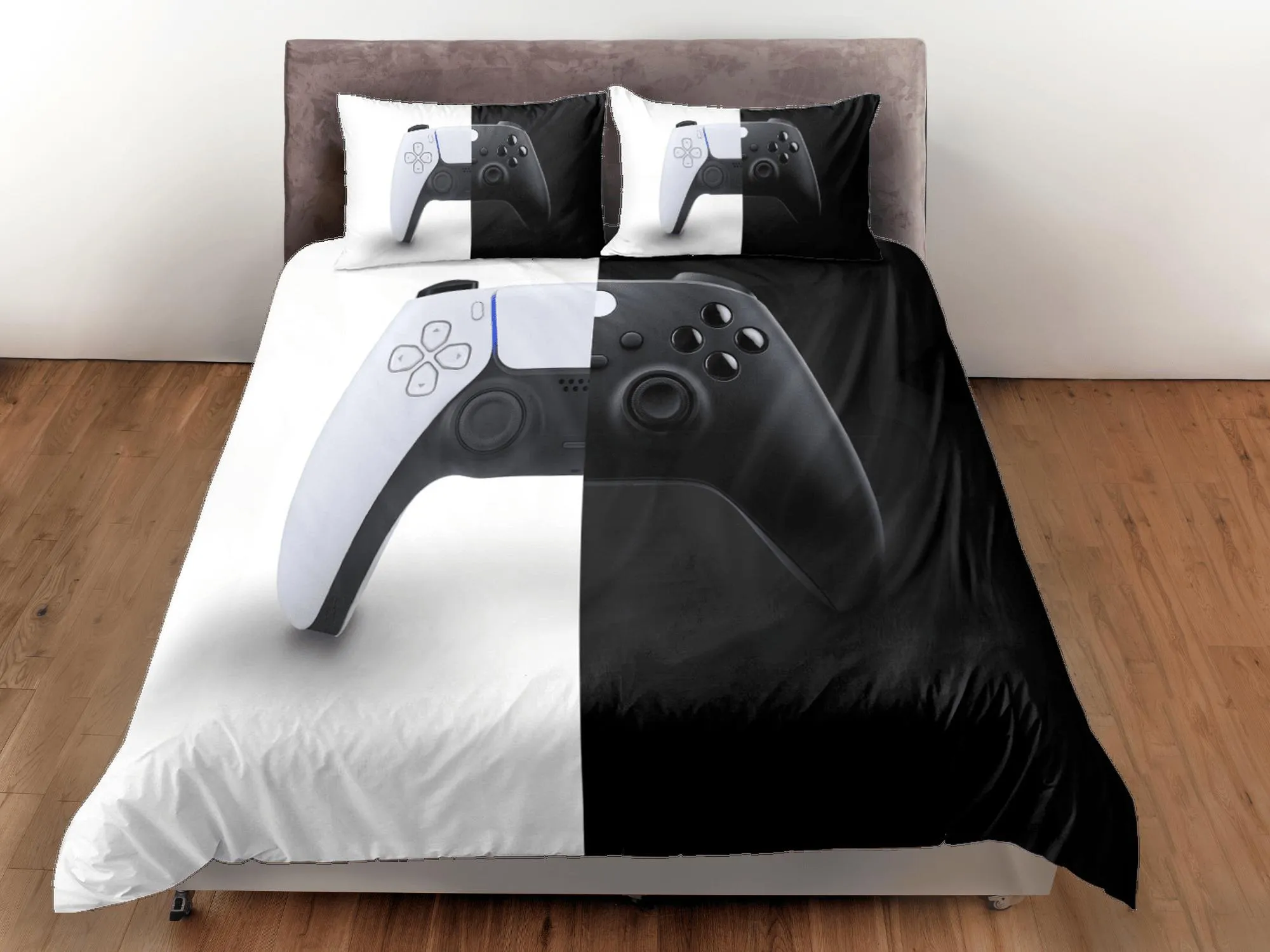 Yin yang gamer bedding black and white duvet cover, video gamer boyfriend gift bedding set full king queen twin, boys bedroom, dorm bedding